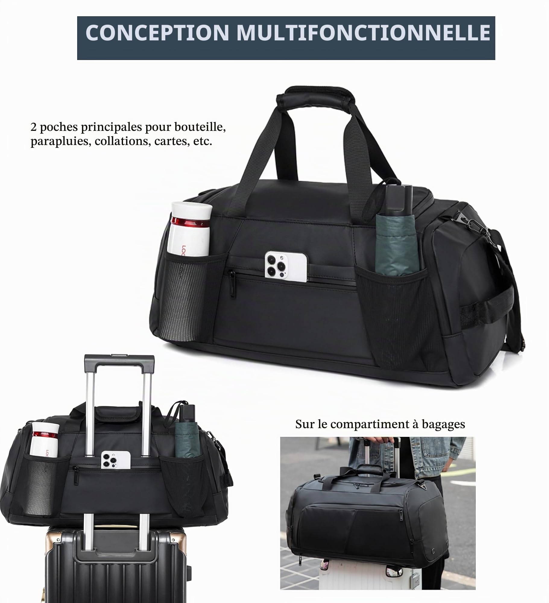 Sac de sport 3 en 1 pour homme avec compartiment à chaussures, sac de voyage avec bandoulière, sac à dos étanche pour voyage d'affaires