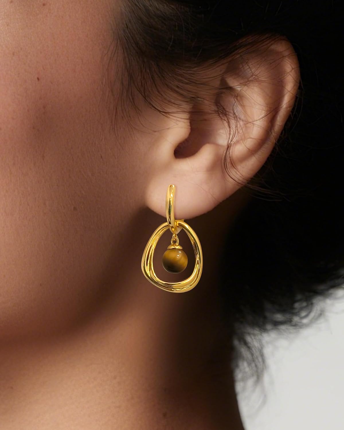 14k Gold Plated Tiger Eye Brown Natural Stone Circle Dangle and Drop Simple Minimalist Vintage Earrings for Women - Image 3