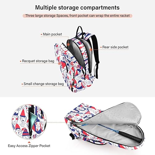 Miniatura 5 de Bolsa de tenis y bádminton lindo patrón resistente de personas cara feliz azul rojo deportes tenis bádminton bolsa para hombres mujeres tenis