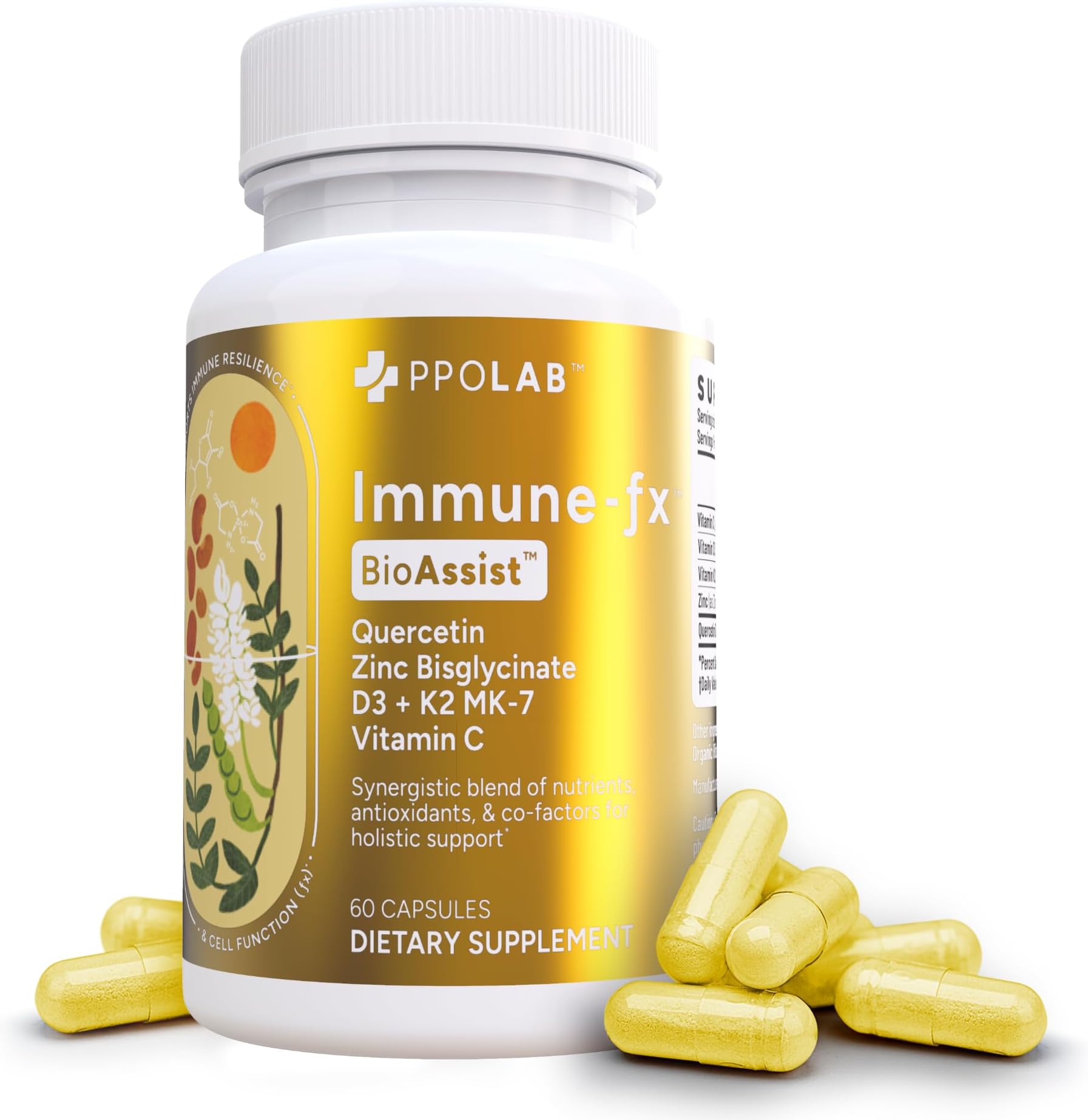 PPO LabBioAssistยฎ Immune-Fxโข, Non-GMO Zinc Ionophore Supplement - Zinc Glycinate, Quercetin, Vitamin C, D3, K2 MK-7 60 Vegan Capsules โข - Clean Certifiedยฎ Immune System Support