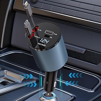 Retractable Car Charger, 4 in 1 Car Phone Charger for iPhone and Type C, Retractable Cable and 2 USB Ports Fast Charging Adapter Compatible for iPhone 15/14/13 Pro Max, iPad, Samsung, Pixel