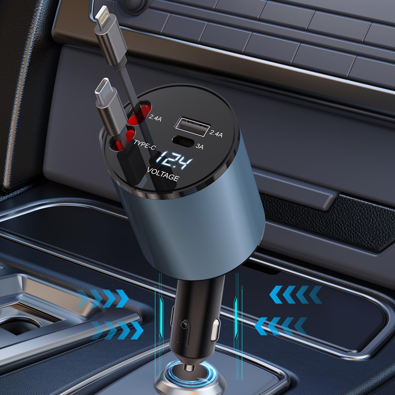 Retractable Car Charger, 4 in 1 Car Phone Charger for iPhone and Type C, Retractable Cable and 2 USB Ports Fast Charging Adapter Compatible for iPhone 15/14/13 Pro Max, iPad, Samsung, Pixel