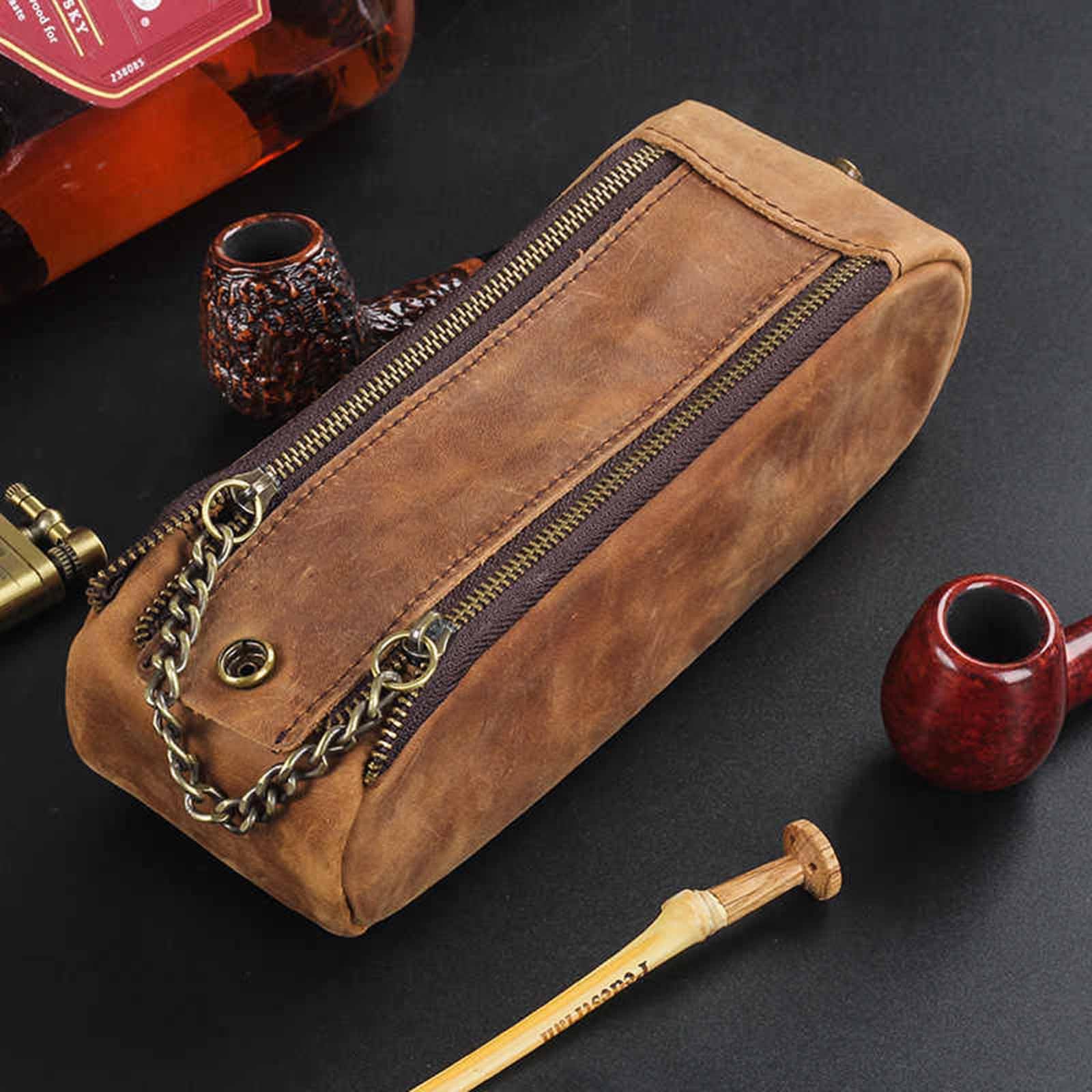 Rauchertasche aus echtem Leder, Aufbewahrungstasche for Pfeifenwerkzeug – große Kapazität, Doppel-Pfeifenledertasche ，Tabaktasche