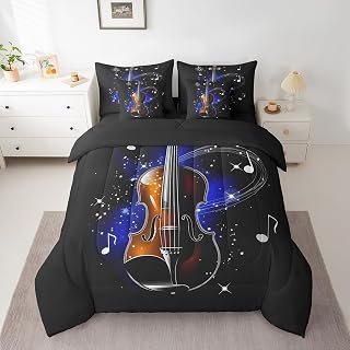 jejeloiu Violin Comforter Set with Sheets 7 Piece Twin Size | Classic Music Themed Bedding Set Soft Cozy Retro Musical Bed in a Bag Breathable Lightweight Microfiber All Season