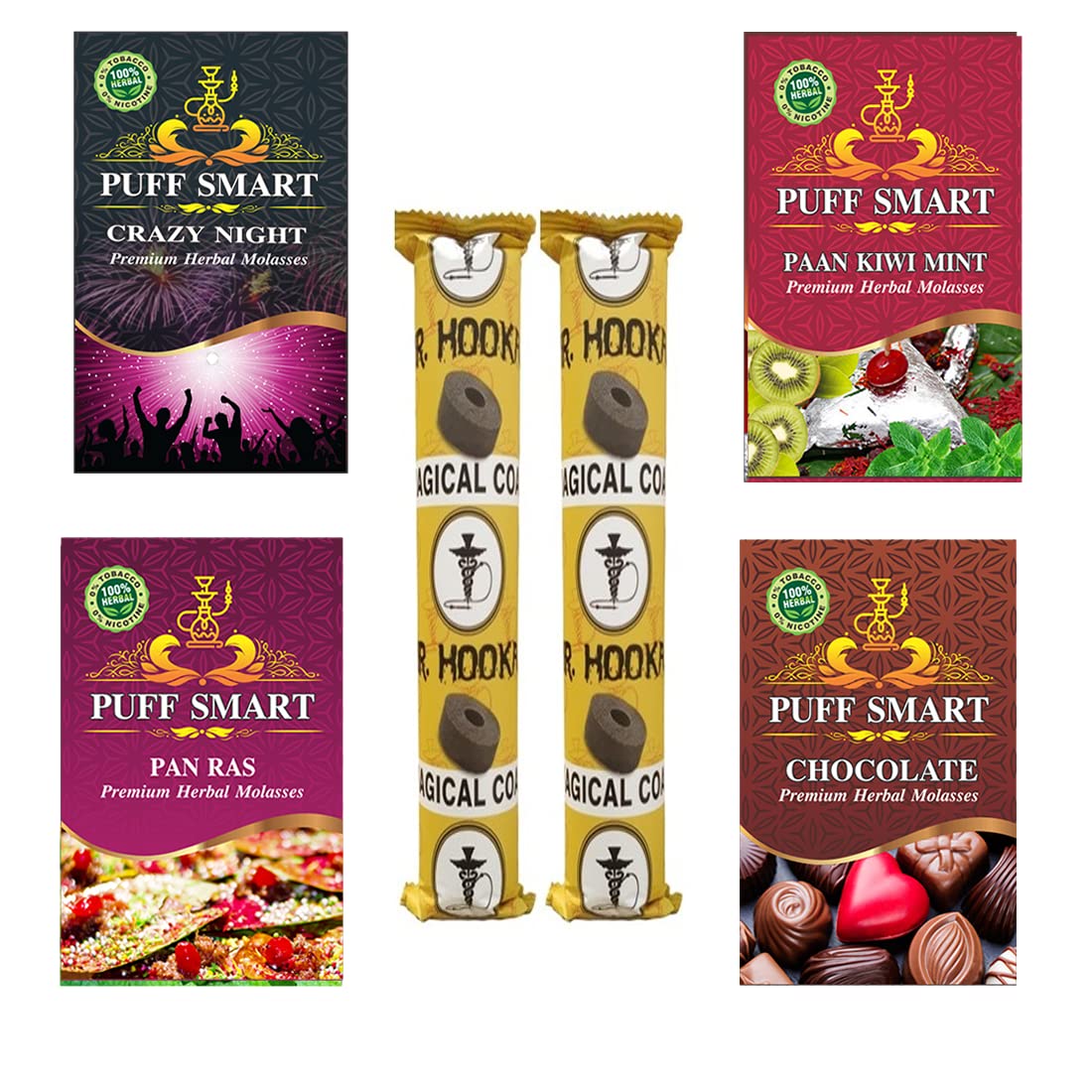 PUFF SMART Premium Herbal Flavor Pan Ras, Crazy Night, PKM, Chocolate With 2 Polo Quick Light Charcoal Combo (100% Nicotine And Tobacco Free)-image-44
