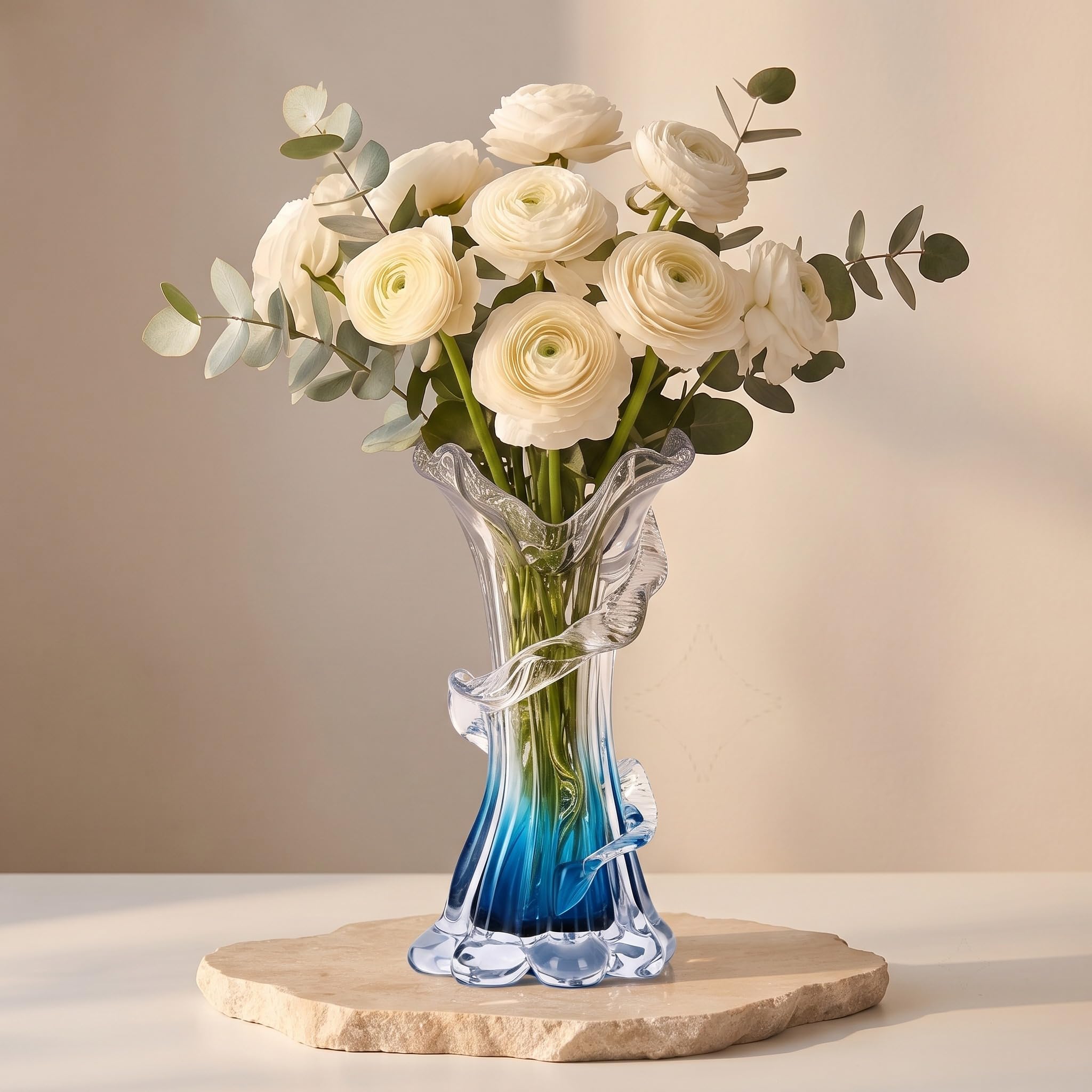 Jarrón único de vidrio azul soplado a mano, jarrón artístico de flores azul degradado para decoración del hogar, centros de mesa y estante de oficina