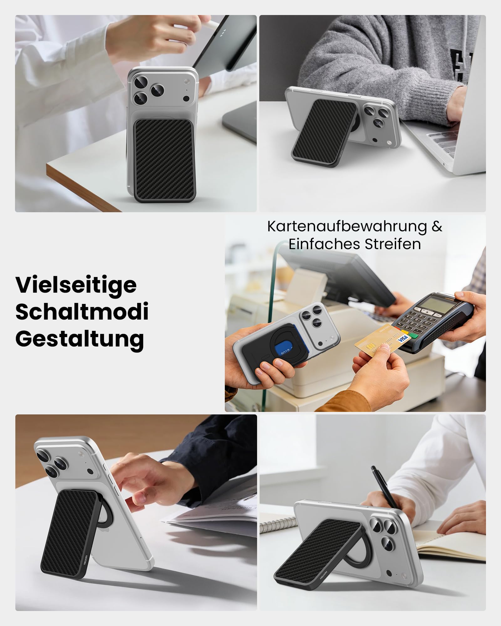 Nillkin Handy Kartenhalter für MagSafe Wallet - Ultra Leichter Kohlefaser Verstellbar Ständer, Karten Halter mit 3 Kartenfächer, Magnetischer Wallet Halter für iPhone 17