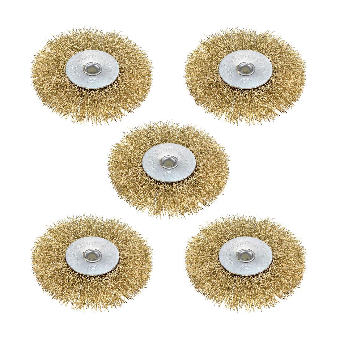 uxcell 3-Inch Wire Wheel Brush Bench Brass Plated Crimped Steel with 1/4-Inch Arbor Hole 5 Pcs