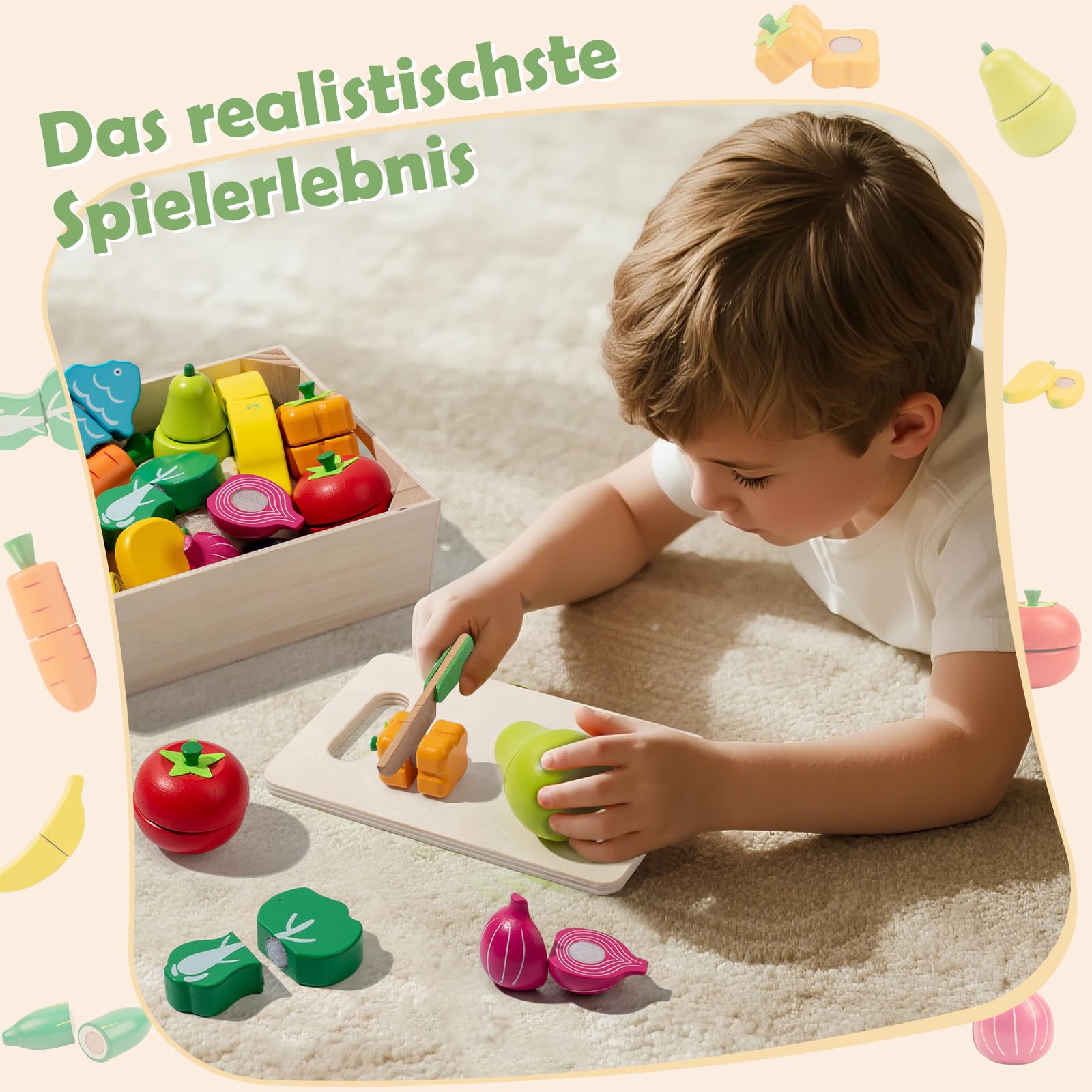 Kinderküche Zubehör Spielzeug ab 3 Jahre, Holzspielzeug Kinderküche Spielküche Zubehör mit Klett-Verbindung, 32 Stück Küchenspielzeug Lernspielzeug Rollenspiele Pädagogisches Spielzeug Geschenk