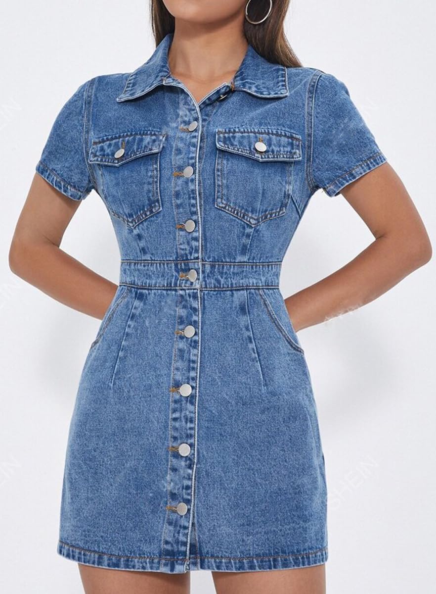 Lachmose Women's Denim Dress Short Sleeve Jean Dress Button Down Babydoll Denim Shirt Dresses - Image 4