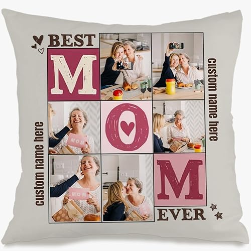 Personalized Cushion Cover with 6 Photos and Words for Mom, Soft Throw Pillow Serving as a Lovely Gift for Anniversaries Mothers Day or Christmas