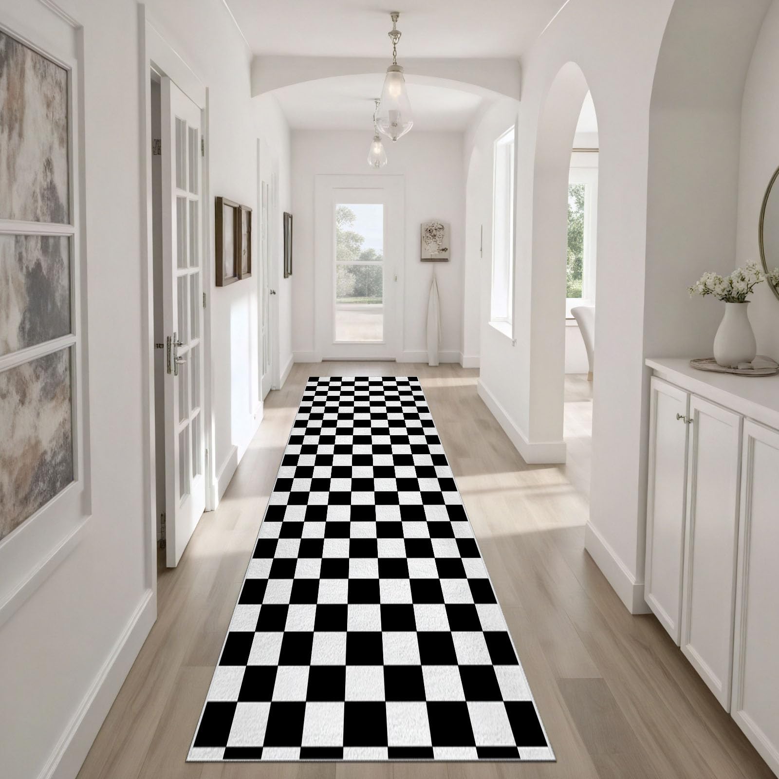 Damier Noir Blanc Tapis de Couloir 80x300cm Antidérapant Plaid Géométrique Tapis de Passage Lavable Doux Minimaliste Moderne Moquette Long Doux pour Chambre à Coucher Couloirs Salon Cuisine