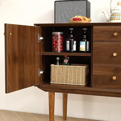 Miniatura 4 de Tzou Gabinete de buffet, aparador con 3 cajones y puerta, patas de madera de mediados de siglo, gran espacio para cocina, comedor, nogal, tamaño