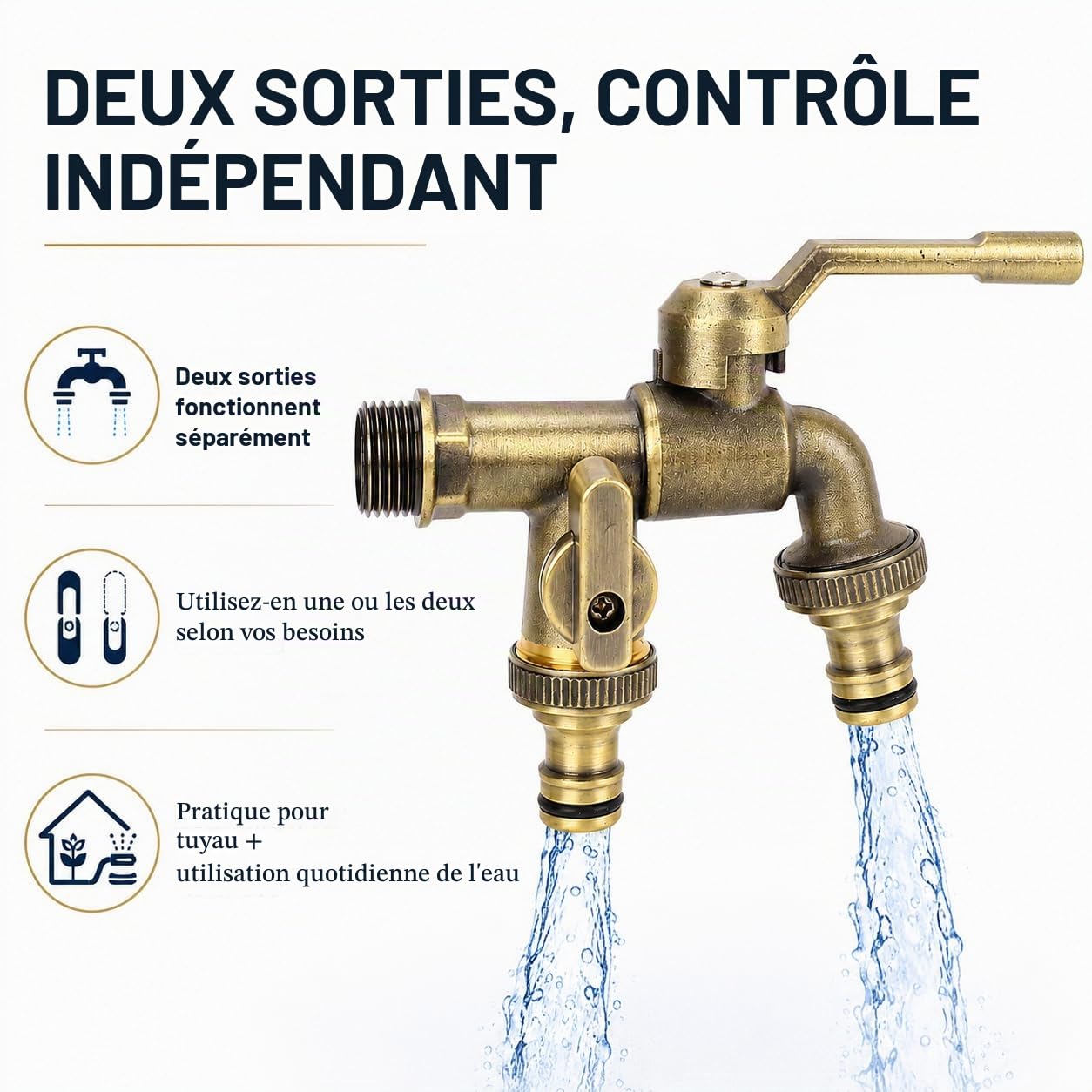 Robinet d'eau en Laiton Double Exterieur Jardin, 3/4 Pouces Robinet Double Sortie Extérieur Anti-gel, Robinet D'eau en Laiton Antique avec 2 Prises de 25 Mm Pour Jardin, Machine à Laver, Terrasse
