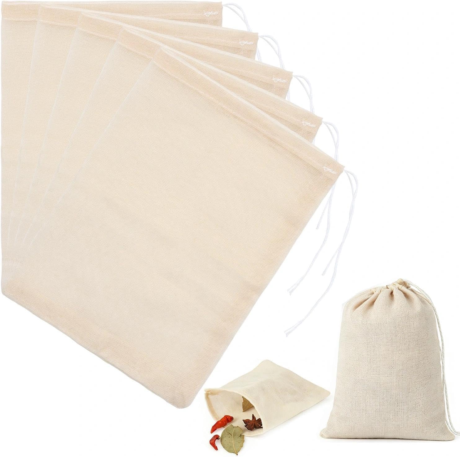5 Pack 5.12x6.30 Inch Muslin Bags for Cooking, Reusable Cotton Tea Bag for Loose Leaf Tea, Spice Bag for Mulled Wine, Soup, Broth, Cheese Making - Drawstring Closure, Fine Mesh