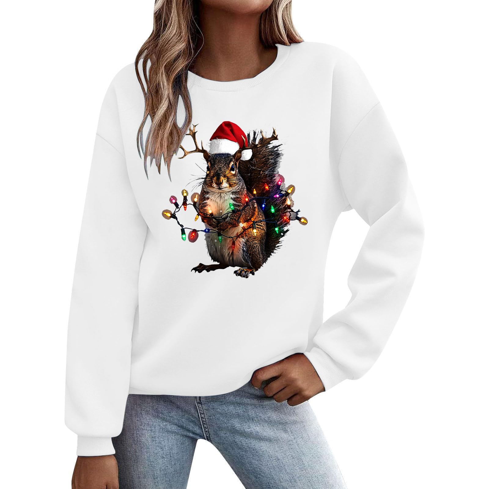 Womens Christmas Sweatshirt Funny Christmas Pullover Tops Crewneck Long Sleeve Shirts Cute Xmas Holiday Party Sweater