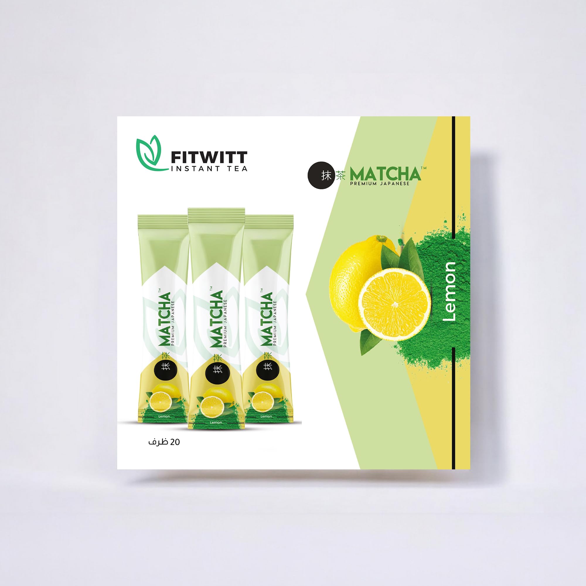 Original Japanese matcha tea powder with a delicious lemon flavor, 100% natural healthy blend, packed in a box containing 20 sachets with a net weight of 160 grams.