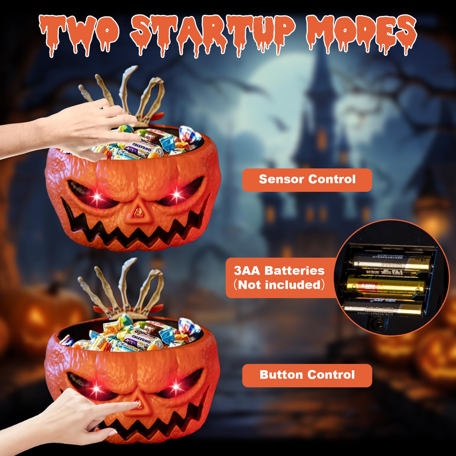 Qivine Luminosa de Tazón de Dulces de Halloween, Cuenco de Plato de Dulces con Cubiertos de Manos Esqueleto, Esqueleto Animado de Decoração Halloween con Sonido