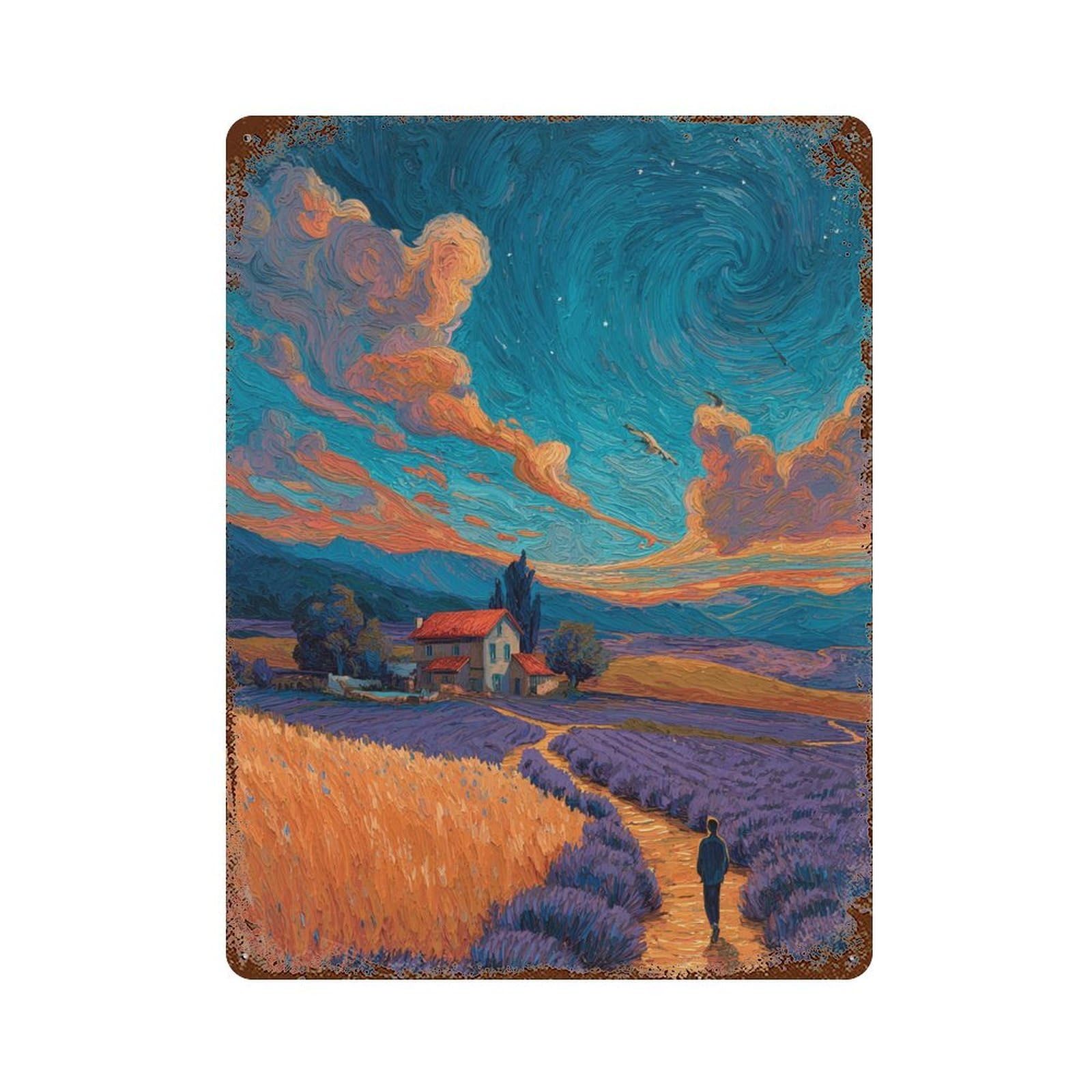 Starry Night Lavender Pathway Retro Metal Sign 15.7"x11.8", Classic Wall Plaque for Basement, Hobby Room And Garage Decor