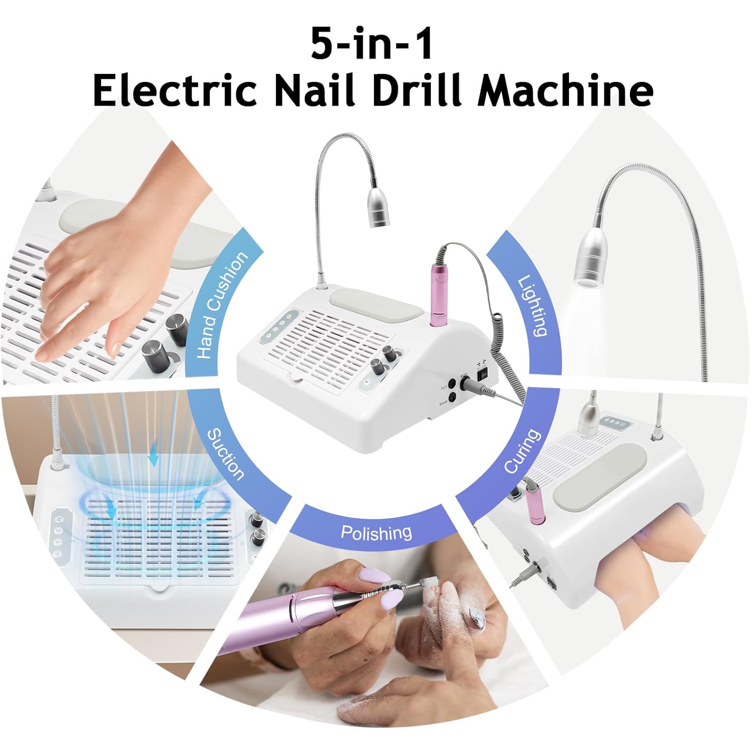 5-in-1 Nail Dust Collector, Electric Nail Drill Machine, 96W UV/LED Nail Lamp Dryer, 30000rpm, 360° LED Desk Light & Hand Cushion, All-in-One Salon & Home Gel Polish Kit