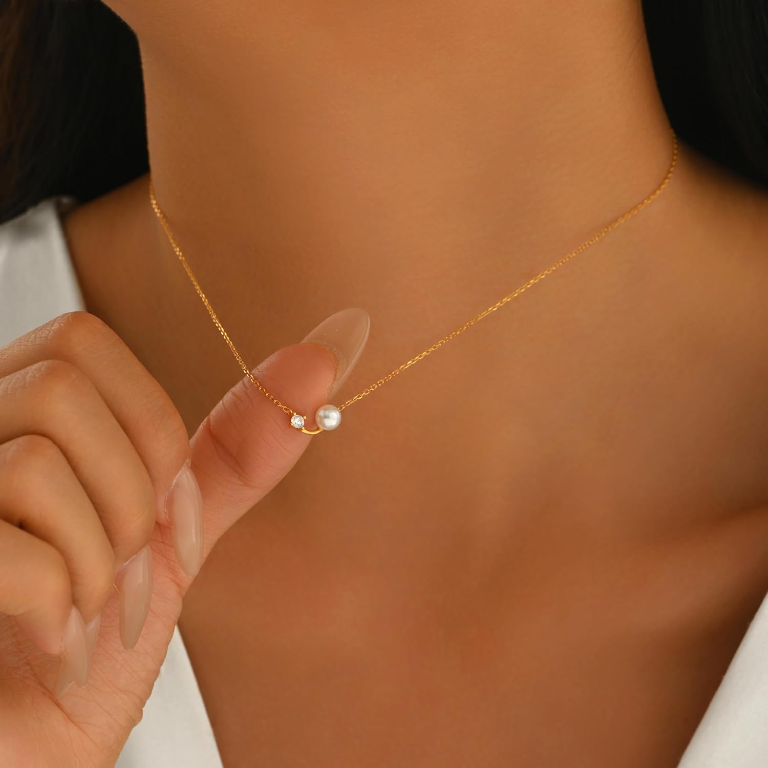 Curve Bar Necklaces for Women S925 Sterling Silver Cubic Zirconia Pearl Choker Necklace for Mother 14K Gold Plated Trendy Pearl Bar Pendant Necklace to Daughter Valentines Day Birthday Jewelry Gifts - Image 4