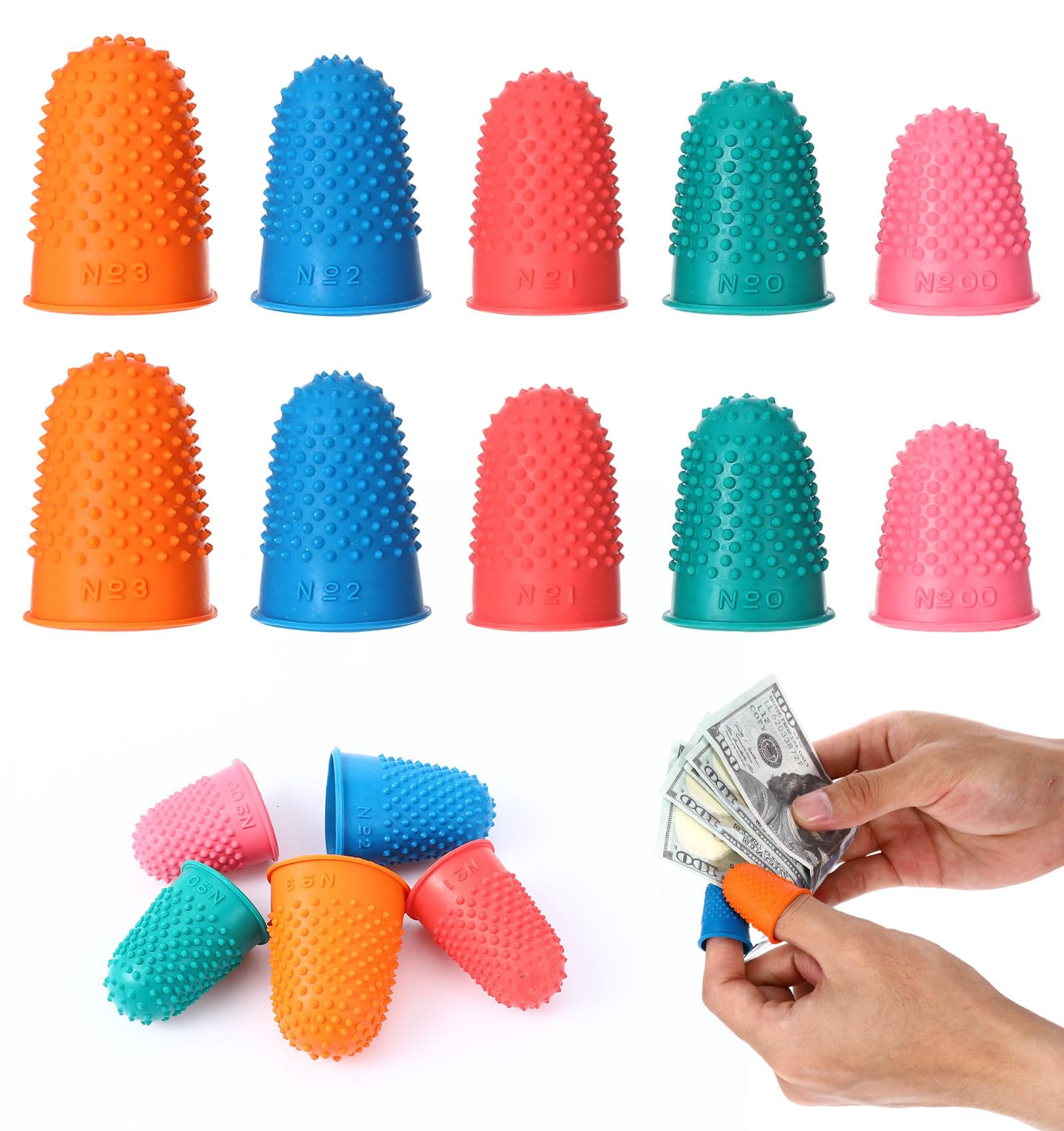 Photo 1 of 10 Pcs Rubber Fingers Tips, Rubber Thimble Finger Protector Covers for Sorting Papers, Counting Money, Crafts, Typing, Embroidery, 5 Sizes Colors