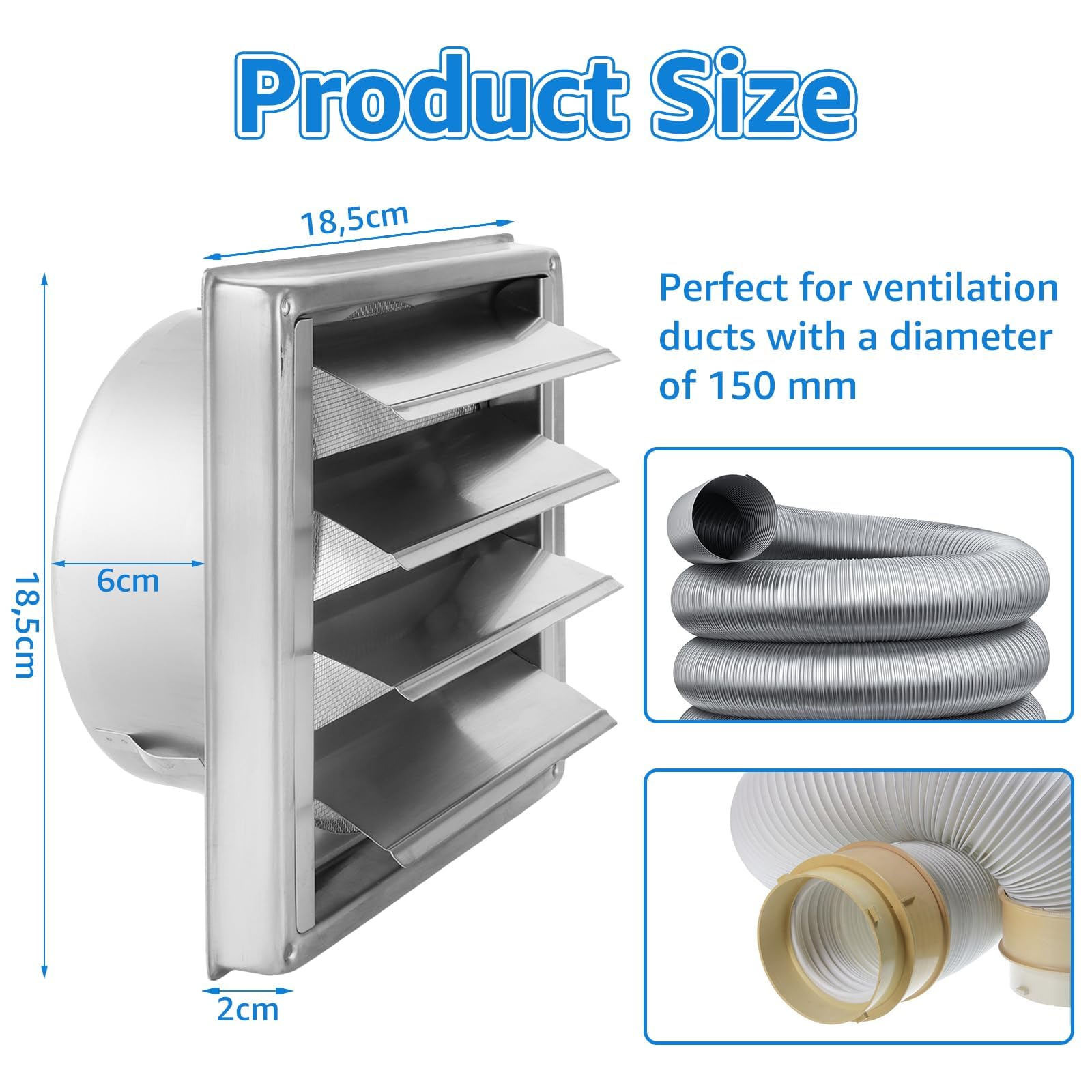 YAYODS Grille de Ventilation Extérieure 150mm en Acier Inoxydable, Grille d Aération avec Volets Mobiles et Clapet Anti-Retour, Bouche d Extraction avec Moustiquaire pour Cuisine, Hotte et Sèche-linge