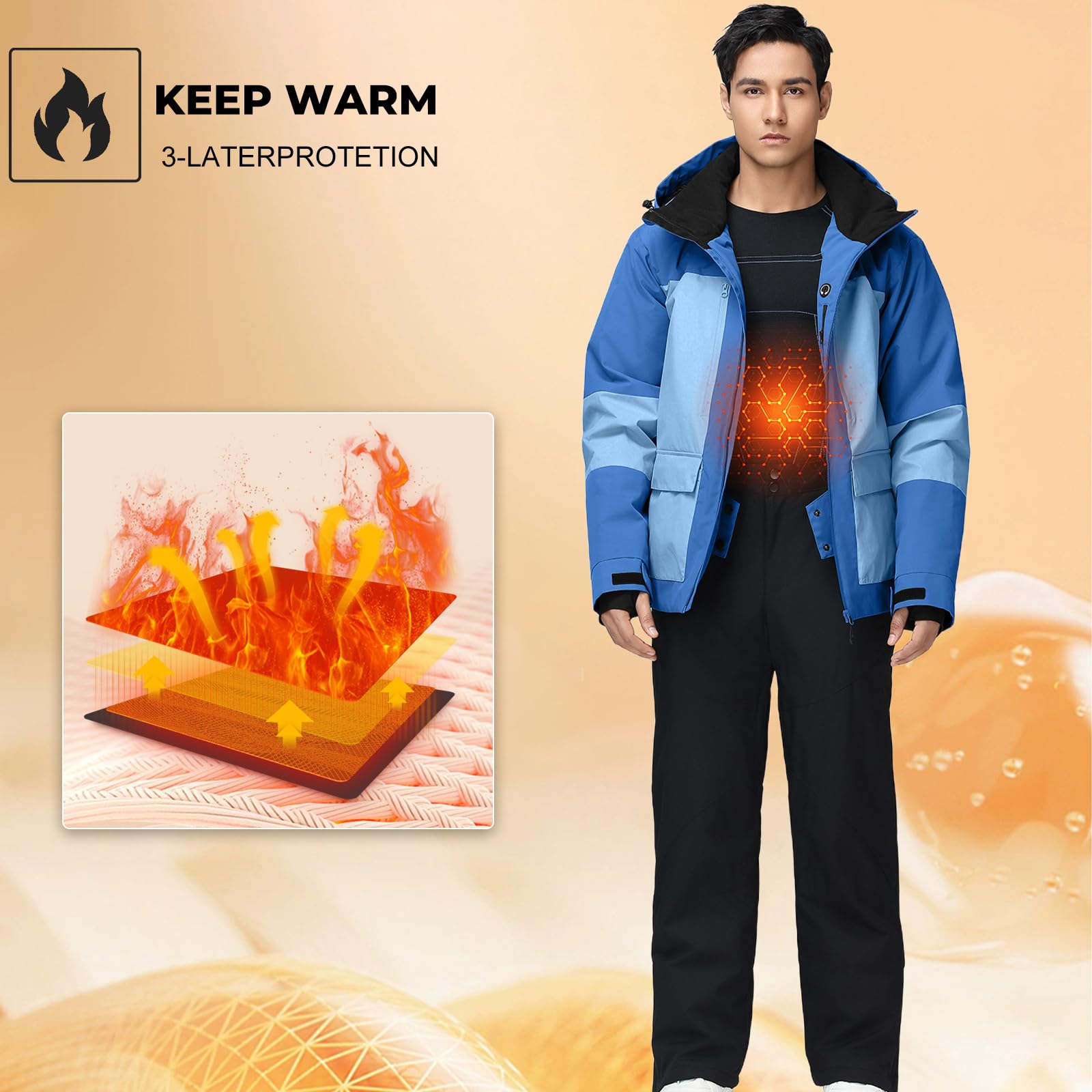 HOUZONIY Herren Schneeanzug Skijacke und Skihose Set Herren Zweiteilig Outdoor-Skikleidung Winddicht Ski Anzug Mit Kapuzen zum Skifahren Snowboarden