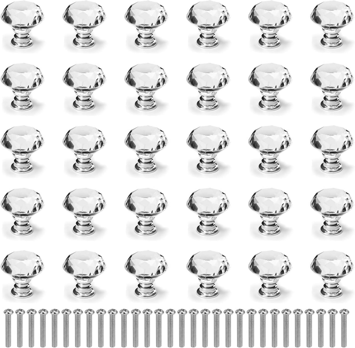Nicunom 30 Pack Cabinet Knobs Crystal, 30 mm Glass Drawer Pulls Diamond Shape Dresser Knobs with Screws for Kitchen, Bathroom Cabinet, Dresser and Cupboard