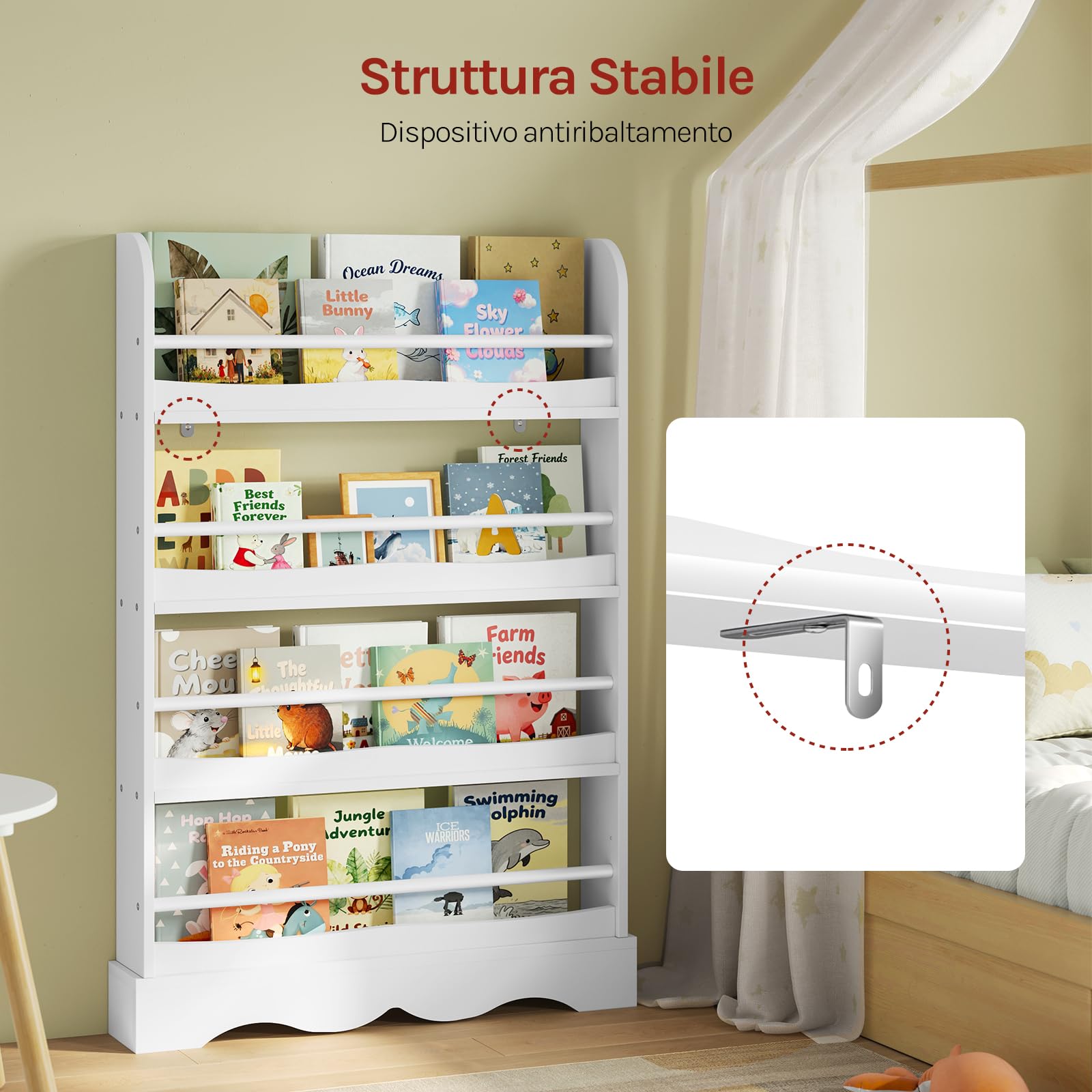 WOLTU Libreria Montessoriana per Bambini, Scaffale Porta Libri Salvaspazio a 4 Ripiani, Piccola Libreria a Muro in Legno, per Cameretta, Stanza dei Giochi, 80x12x118cm