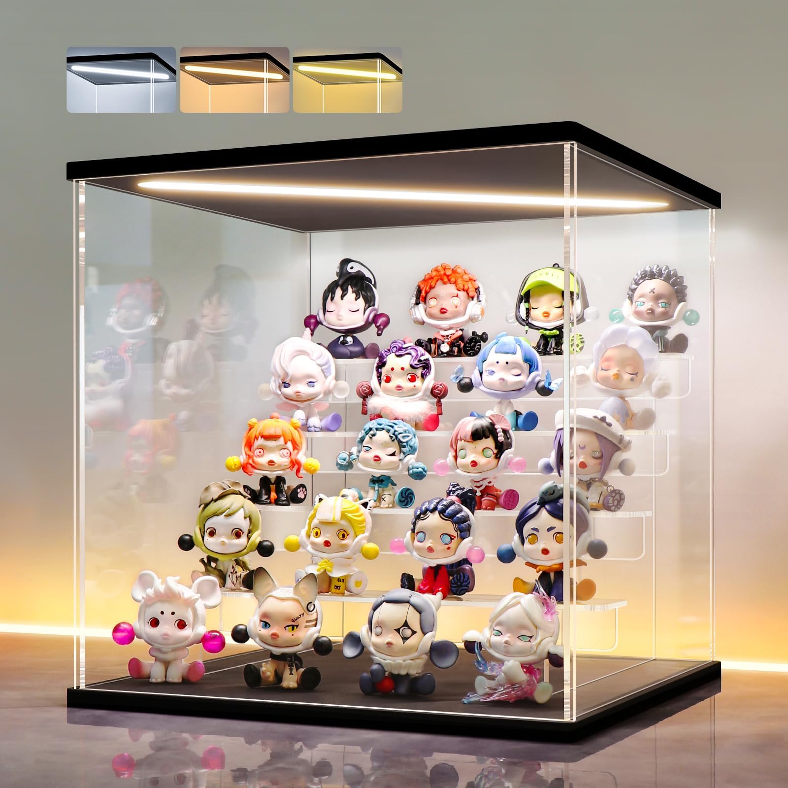 - LED Lighted Acrylic Display Case, 5 Tier Display Box for Collectibles and Action Figures, Clear Dustproof Organizer with Black Base – 11.8x11x11.8inch