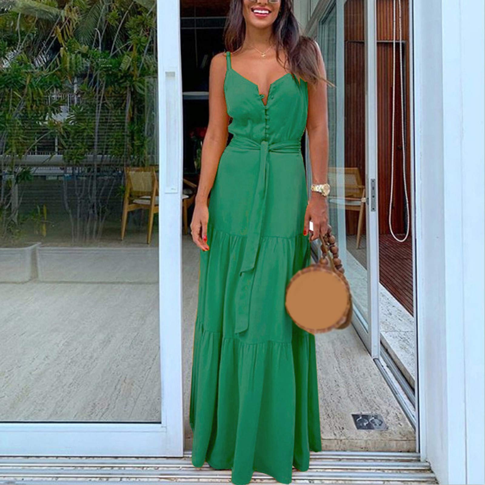 WNEEDU Vestito Lungo Senza Maniche Donna Estivo con Scollo a V Abito Casual con Tasche Spiaggia Copricostume Albicocca Foglia Nera S