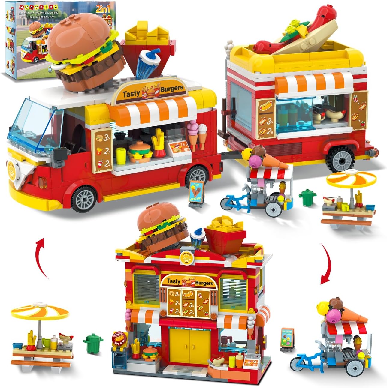 HOGOKIDS City Burger Truck House Building Toy - 2 in 1 Burger Van and Restaurant Building Blocks Set Mobile Ice Cream Food Cart Tables Restaurant Playset Valentines Gift for Kids Boys Girls 6+(826PCS)