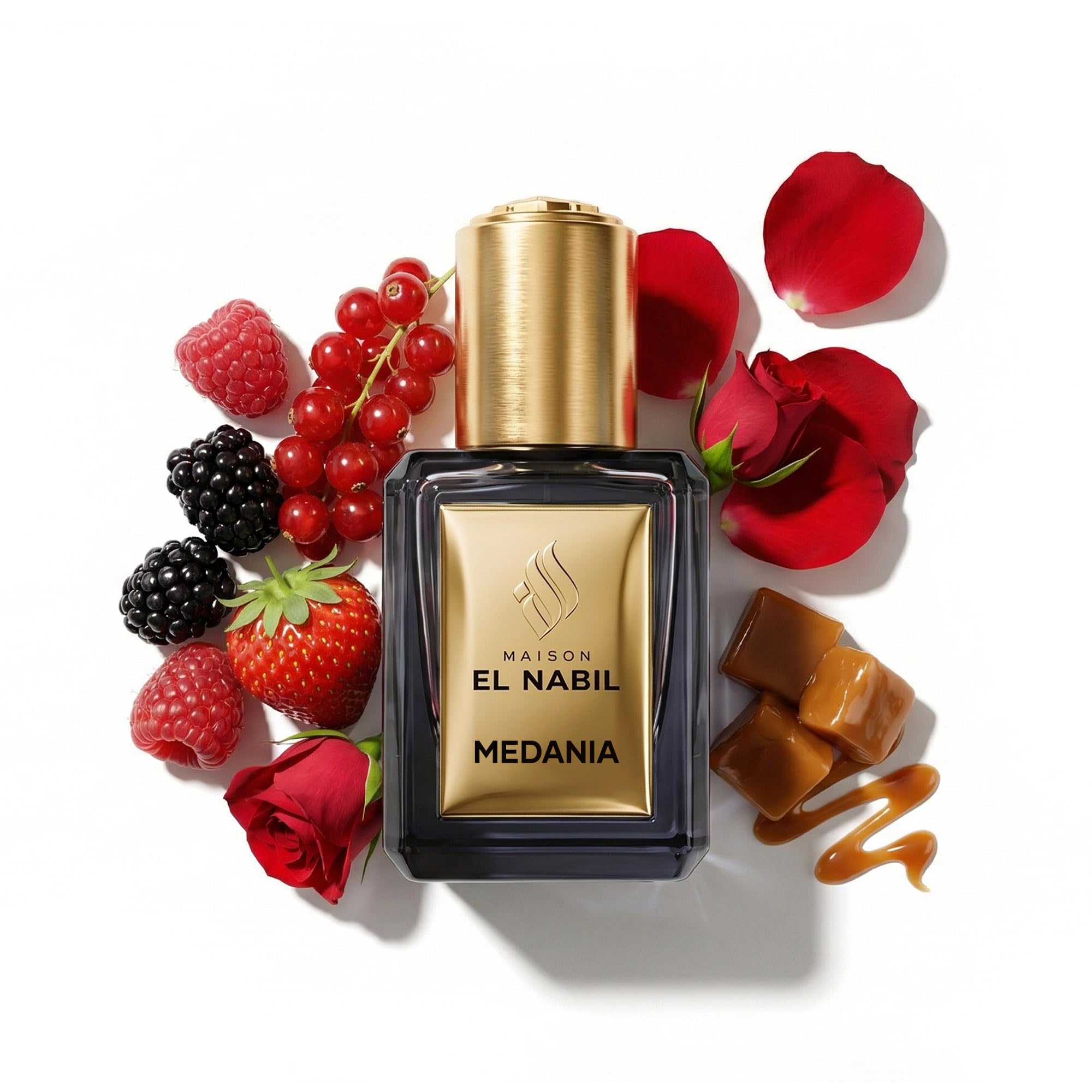 Medania - Roll-On 5 ml - Profumo Dubai Unisex Uomo e Donna - Estratto Concentrato Senza Alcol - Fragranza Caramello e Frutti Rossi - Formato Viaggio Idea Regalo