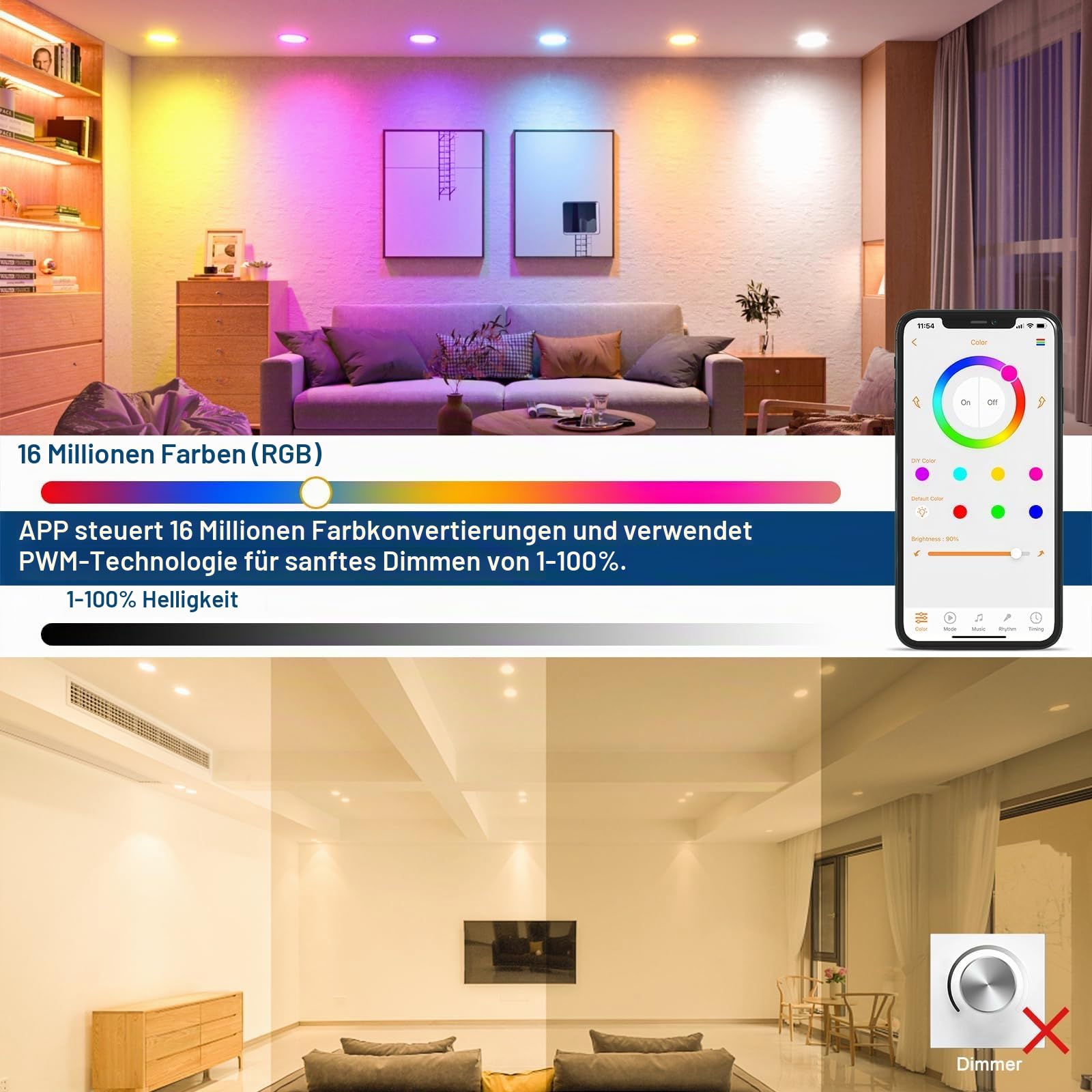Smart LED Einbaustrahler Flach 8W LED Spots 230V, IP44 Bad Einbauleuchten 68mm Kompatibel mit Alexa, Warmweiß & RGB Bluetooth Deckenspots Farbwechsel für Wohnzimmer Schlafzimmer Küche, 6er Set