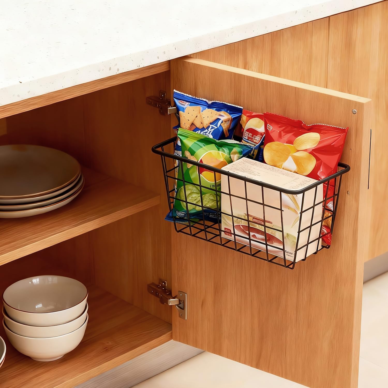 2 Set Adhesive Hanging Wall Basket Inside Cabinet Door Organizer,Wall Storage Basket-No Drilling Adhesive wall Basket for Cupboard Door,Space-Saving Small Hanging Baskets for Wall Mount Storage,Black - Image 8