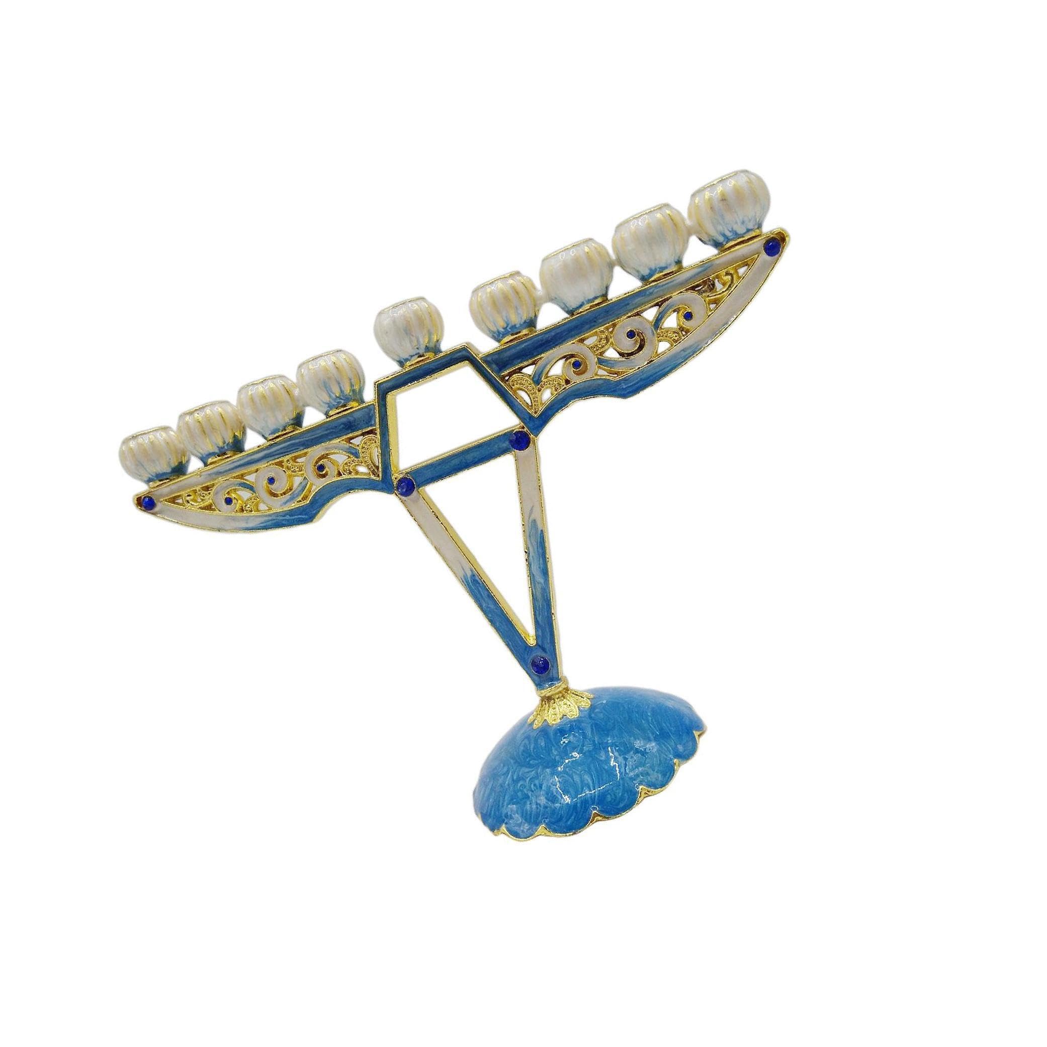 QUXVUIS Exquisite Hand Painted Hanukkah Enamel Menorah Embellished Jewish Candelabra Candle Candlesticks, Blue, Large