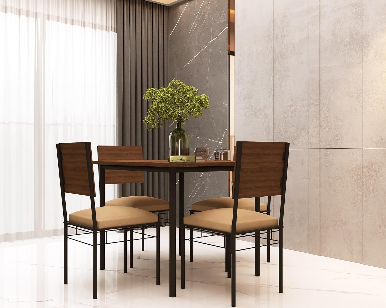 ANISHWAR Metal Framing 4 Seater Dining Table Engineered Wood Top | 4 Cushioned Chair with Dining Table for Living Room Dinning Hall Home (Beige Upholstery)- DIY (Do-it-Your self)