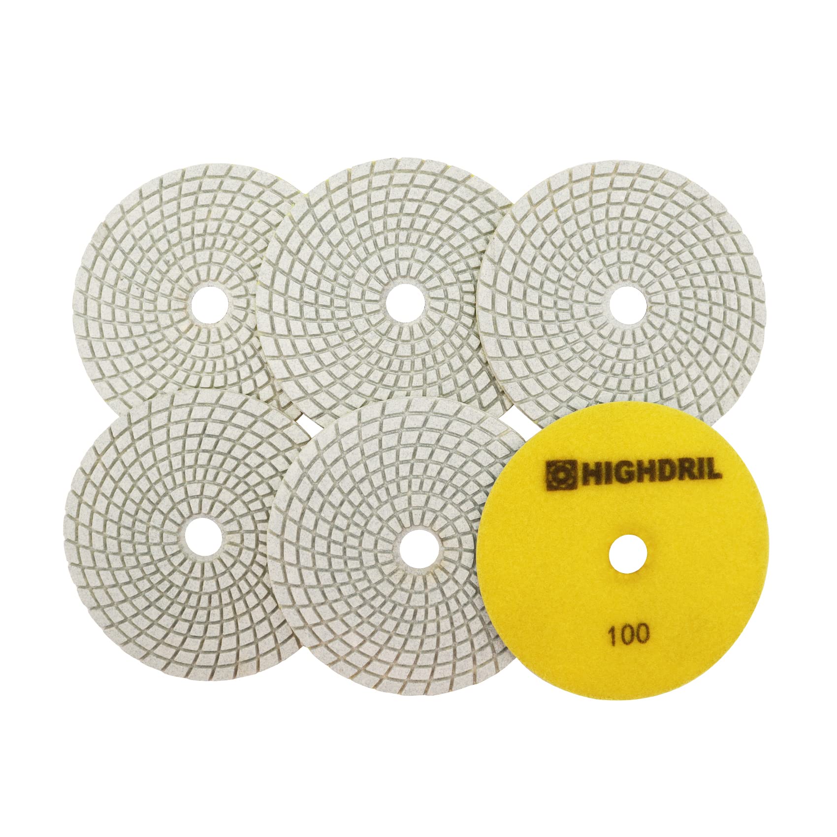 HIGHDRIL Almohadillas Pulido Diamante Húmedas - 6piezas #100 Almohadillas Lijado 125mm para Granito Piedra Mármol Suelo Grinder Pulir Almohadilla Kit para Taladro, Amoladora, Pulidora