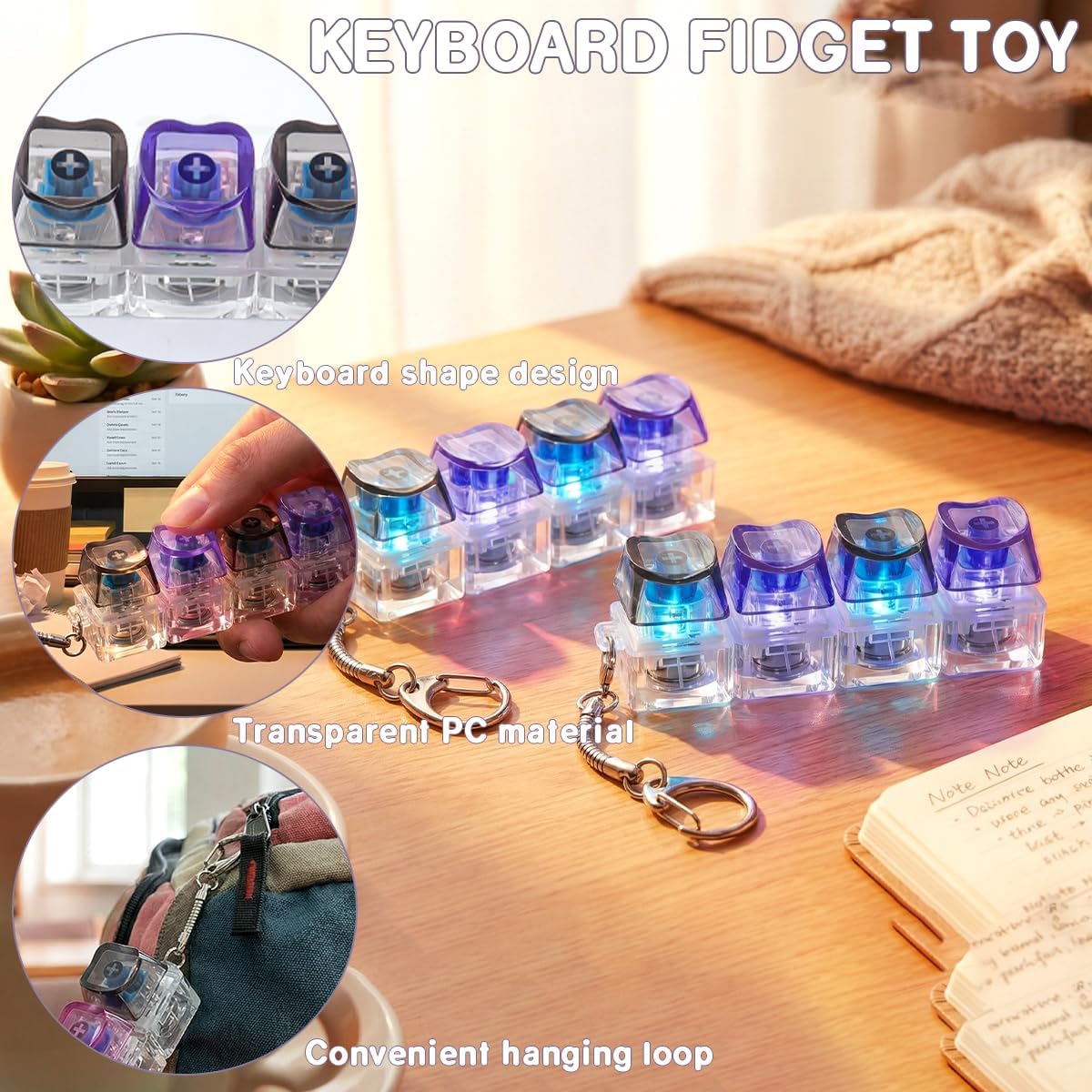 2 Pcs Keyboard Fidget Toy, Keyboard Clicker Fidget Light Up, Loud Decompression Button Finger Clicker Toys, Keychain 4-in-1 with Heart Keycaps, for Adult to Relief Stress