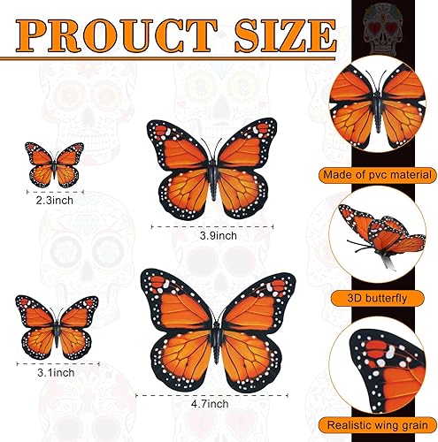Miniatura 4 de 96 decoraciones de mariposa monarca incluyen 48 estacas de mariposa, 24 pinzas para el pelo de mariposa y 24 calcomanías de pared de mariposa para