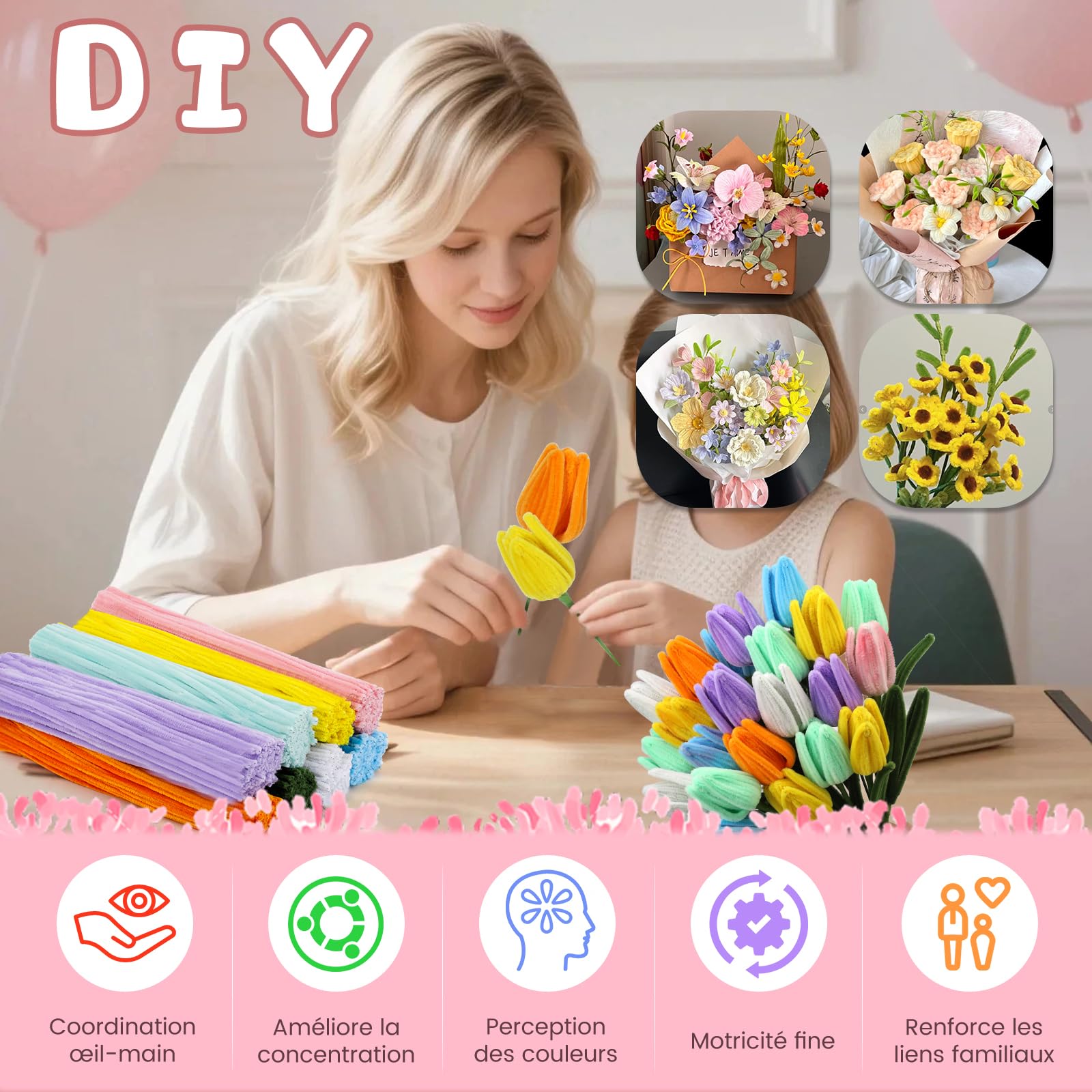550 Pièces Fil Chenille, 8 Couleurs Cure Pipe Kit de Fabrication de Fleurs Chenille Loisir Creatif Kit de Fleurs en Forme de Pipe de Pour Décoration de Festival, Fournitures Artisanales