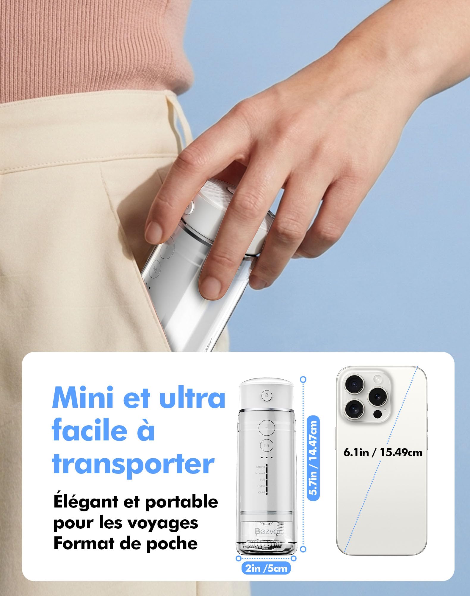 Bezvoi Mini Jet Dentaire Hydropulseur Portable- Irrigateur Oral Rechargeable avec 6 Embouts, 5 Modes, Réservoir 180ml, Étanche IPX7 - Pour Soins Buccaux, Voyage et Soins Orthodontiques,Blanc