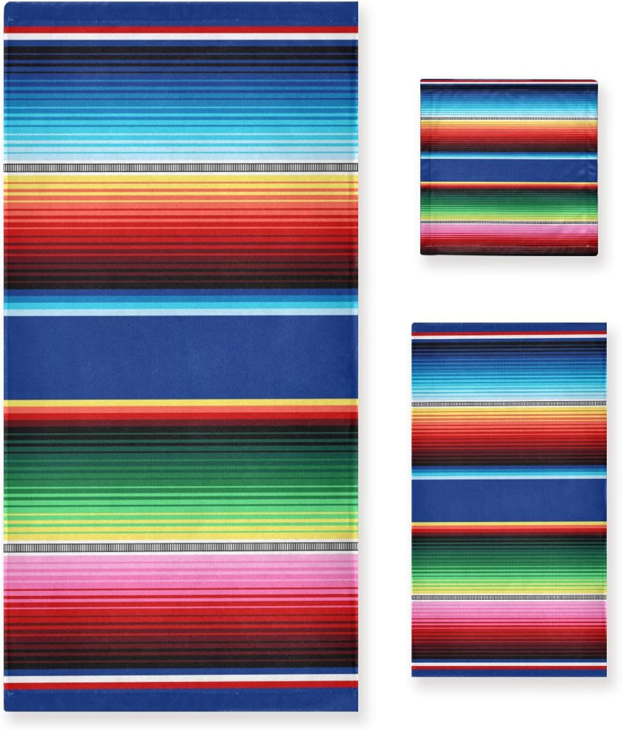 Blueangle Bathroom Decorative Towel Set with Mexican Serape Blanket Stripes Pattern, 3-Piece Set with Bath Towel, Hand Towel & Washcloth
