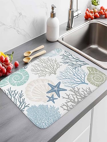 Miniatura 2 de Tapete de secado de platos de playa de verano para encimera de cocina, almohadilla de secado de microfibra para biberones de bebé, azul verdoso,