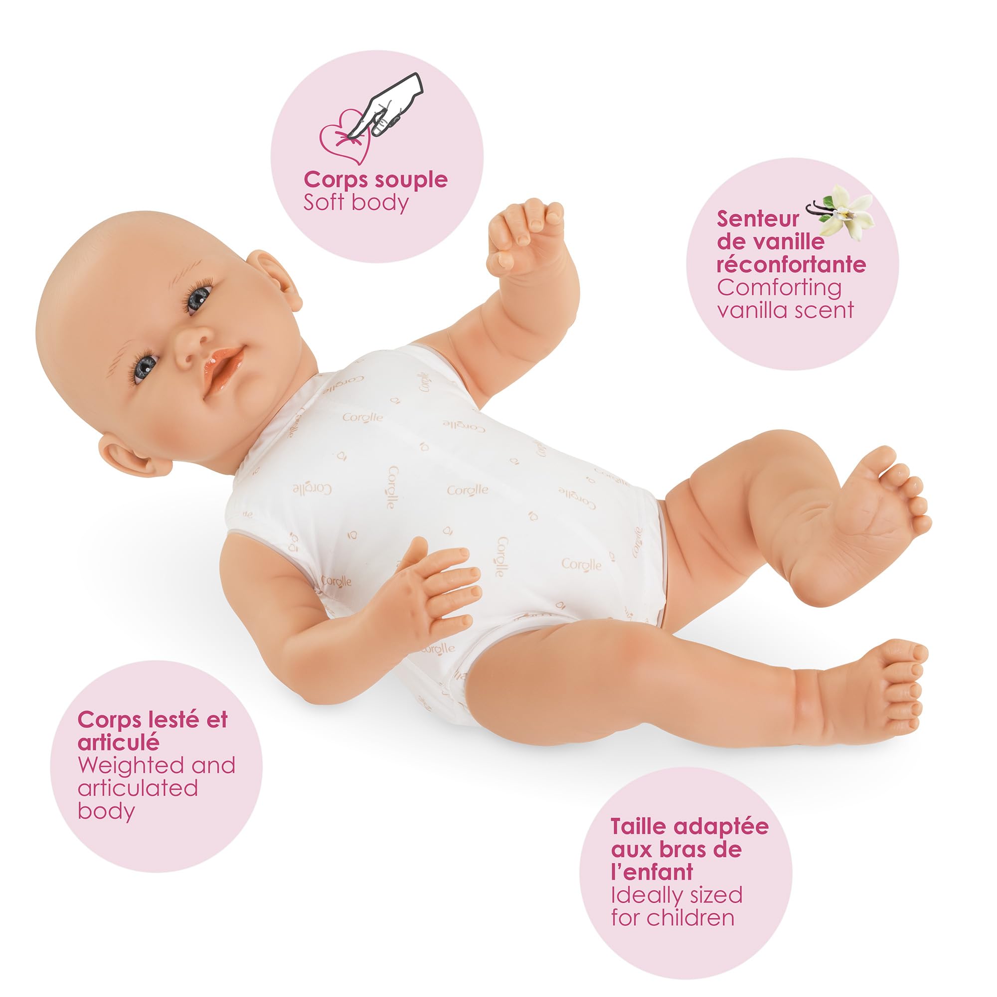 Corolle Mon Grand Poupon - Babypuppe 42 cm, realistische Weichkörper-Puppe mit Vanilleduft & Schlafaugen – ab 3 Jahren – lebensechte Spielpuppe für Rollenspiele, Puppenzubehör & Geschenk Mädchen