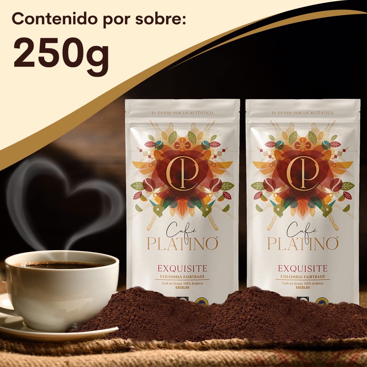 Café Platino Exquisite - Pack 2 sobres de 250g - Café Molido de Colombia Excelso Tostado - 100% Arábica - Fairtrade