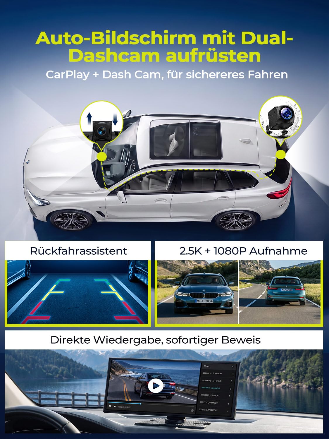 LAMTTO 10.25" CarPlay Display Android Auto mit Dashcam Auto 2.5K+1080P