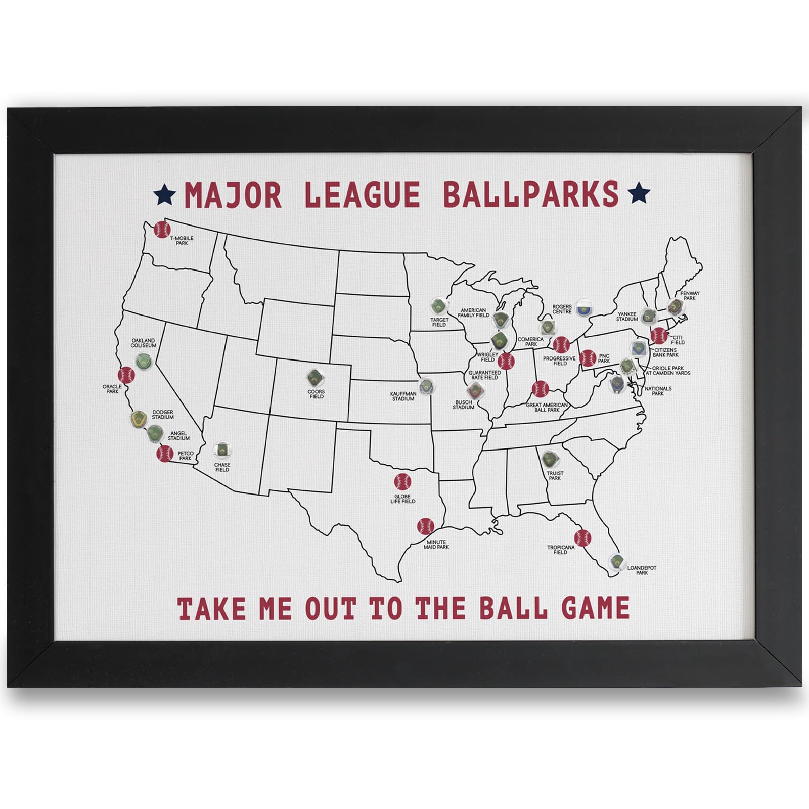 Carte du stade de baseball avec 30 autocollants illustrés des ballparks pour décoration murale