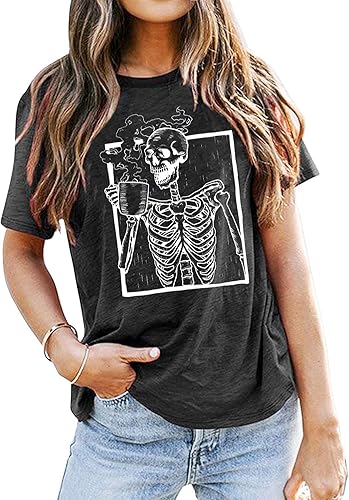 Miniatura 3 de Camisa de esqueleto de café caliente para mujer, camiseta de esqueleto de Halloween, divertida camiseta gráfica de calavera, camisetas casuales
